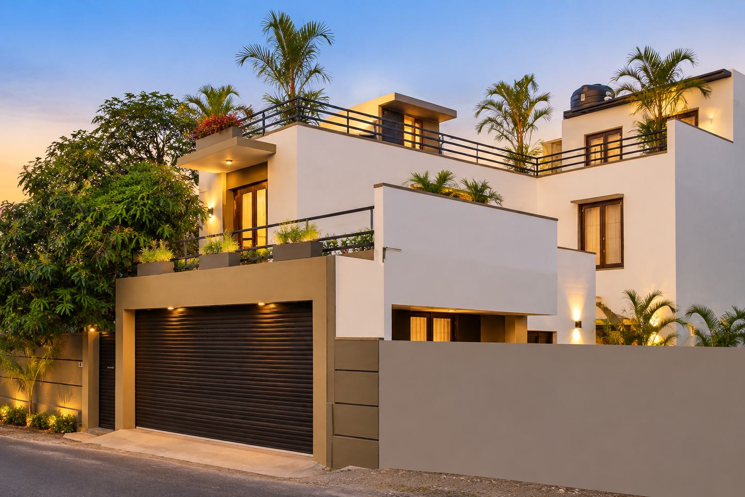 Street elevation at dusk of a house built by Real One Holdings in Thalawathogoda