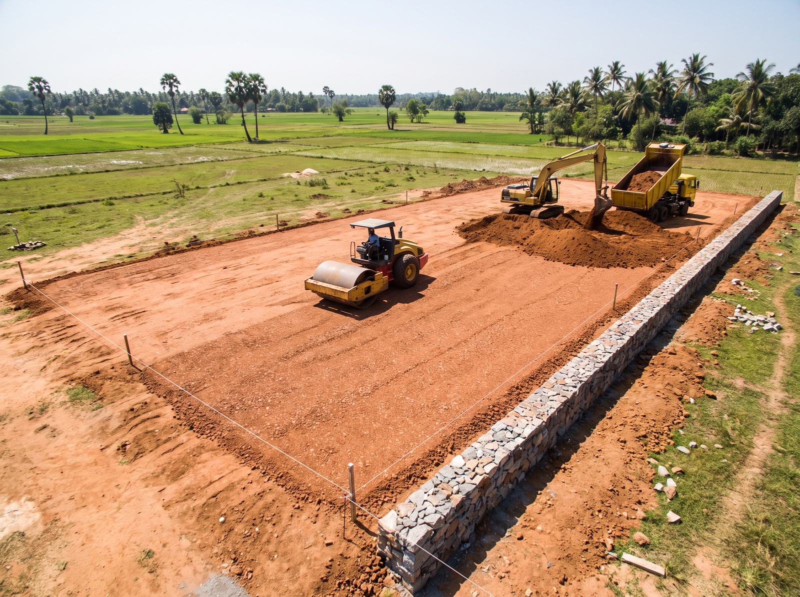 Land filling and levelling with a roller compacting soil on a plot in Sri Lanka